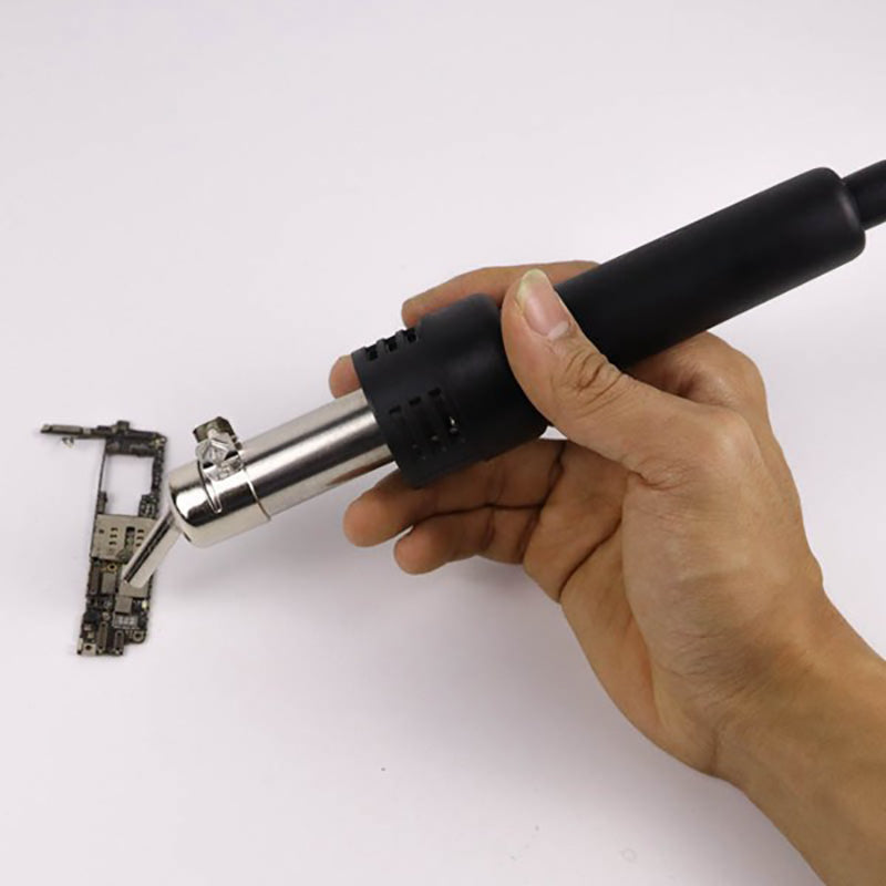 3pcs 45 Degree Hot Air Nozzles 7/8/10mm Curved Nozzles Replaceable For 850 Hot Air Soldering Station - shown attached to a black hot air soldering handle pointed at a small electronic circuit board.