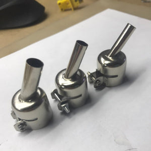 3pcs 45 Degree Hot Air Nozzles 7/8/10mm Curved Nozzles Replaceable For 850 Hot Air Soldering Station - show three silver-coloured metal angled nozzles with integrated screw-tightening clamps.