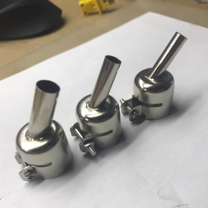 3pcs 45 Degree Hot Air Nozzles 7/8/10mm Curved Nozzles Replaceable For 850 Hot Air Soldering Station - show three silver-coloured metal angled nozzles with integrated screw-tightening clamps.