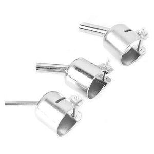 3pcs 45 Degree Hot Air Nozzles 7/8/10mm Curved Nozzles Replaceable For 850 Hot Air Soldering Station - three silver-colored metal curved nozzles of varying diameters, each featuring a tightening screw and clamp.