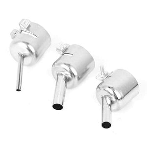 3pcs 45 Degree Hot Air Nozzles 7/8/10mm Curved Nozzles Replaceable For 850 Hot Air Soldering Station - show three silver-coloured metal curved nozzles with tightening screws, arranged in a set on a white background.