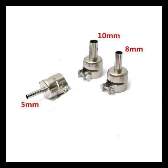 3pcs Heat Gun Nozzle Hot Air Soldering Station Gun Mouth - three silver metal nozzles with screw clamps labeled 5mm, 8mm, and 10mm.