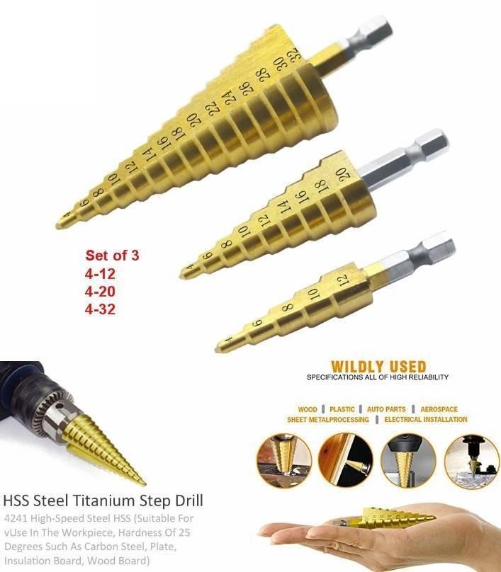3pcs Hss Titanium Coated Step Drill Bit Set, 1/4’ Hex Shank Drive Quick Change High Speed Steel Cone Drill Bit - three gold-colored cone-shaped drill bits with hex shanks and size markings, plus usage examples.