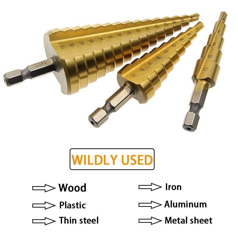 3pcs Hss Titanium Coated Step Drill Bit Set, 1/4’ Hex Shank Drive Quick Change High Speed Steel Cone Drill Bit - three gold-colored cone-shaped drill bits with hex shanks and a list of compatible materials below.