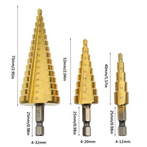3pcs Hss Titanium Coated Step Drill Bit Set, 1/4’ Hex Shank Drive Quick Change High Speed Steel Cone Drill Bit - three gold-colored cone drill bits with dimension labels and hex shanks in a technical diagram.