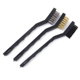 3pcs Wire Brush Stainless Steel Nylon Brass Wire Brushes Cleaning Rust Kit Polishing Metal Rust Clean Tools - with black plastic handles and silver, gold, and black bristles.