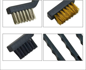 3pcs Wire Brush Stainless Steel Nylon Brass Wire Brushes Cleaning Rust Kit Polishing Metal Rust Clean Tools - close-up views of the stainless steel, brass, and nylon bristles alongside the black plastic handles.