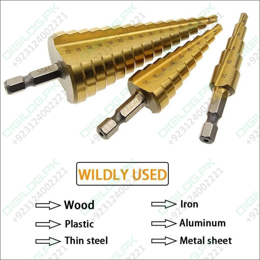 3pcs Hss Titanium Coated Step Drill Bit Set 1/4’ Hex