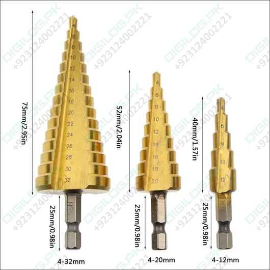 3pcs Hss Titanium Coated Step Drill Bit Set 1/4’ Hex