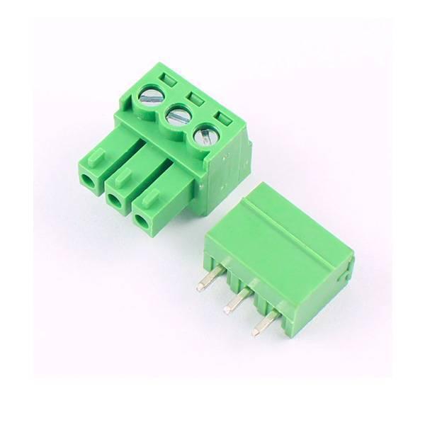 3pin 15EDG-Y 3.81mm Kf2edg 3.5mm PCB Screw Terminal Blocks Connector Plug Pin Right Angle 3.81mm Pitch Header Socket - a green three-pin screw terminal plug and its corresponding three-pin header socket.