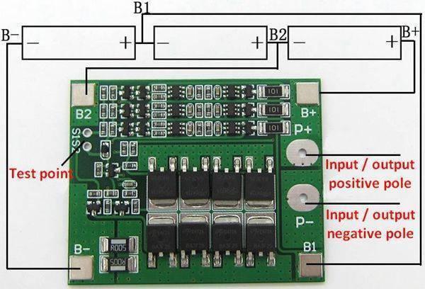 3s 25A BMS Circuit Li-ion Battery Charging Protection 3SJH25A-C - shown with a wiring diagram connecting three battery cells to the green circuit board.