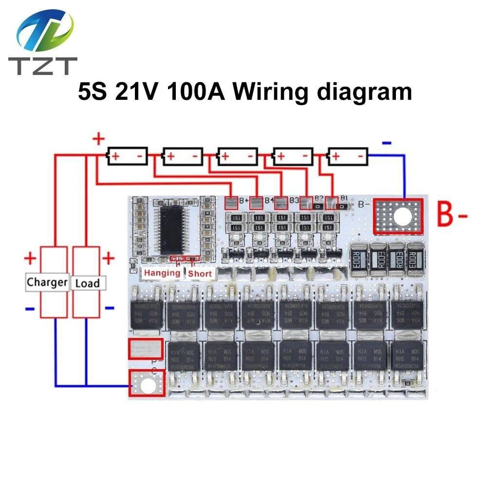3s/4s/5s BMS 12V 16.8V 18V 3.2V 100A BMS For LiFePO4 Lithium Iron Phosphate Lithium Battery Protection Circuit Board Li-polymer Balance Charging - a white wiring diagram schematic for a 5S 21V battery configuration with labeled connection points.