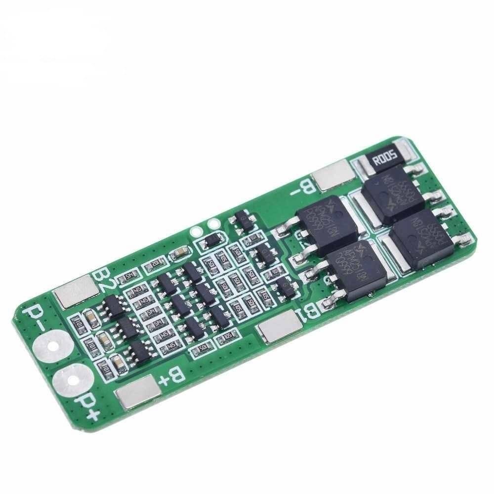 3s BMS 20A Li-ion Lithium Battery 18650 PCB Charger Protection Board - a green PCB with four black MOSFETs, a current-sense shunt and solder pads marked P+, P-, B-, B1 and B2.