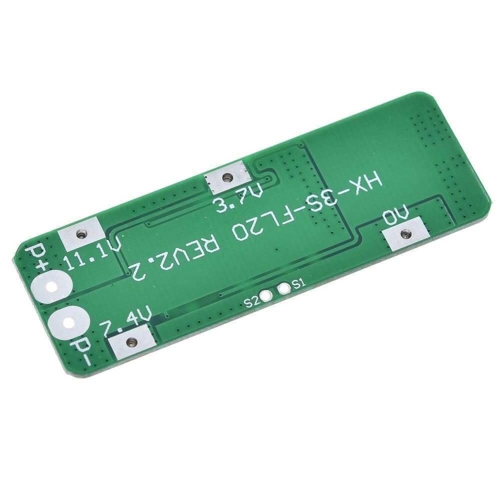 3s BMS 20A Li-ion Lithium Battery 18650 PCB Charger Protection Board - a green rectangular circuit board with labeled solder pads for 0V, 3.7V, 7.4V, and 11.1V.