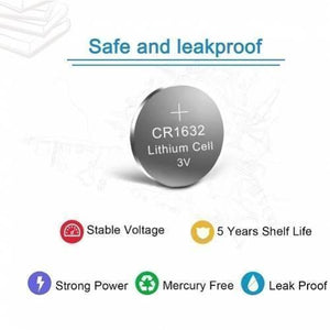 3V Lithium Button Coin Cell Battery CR1632 - shown as a silver disc with text indicating its model, voltage, and various icons representing product features.