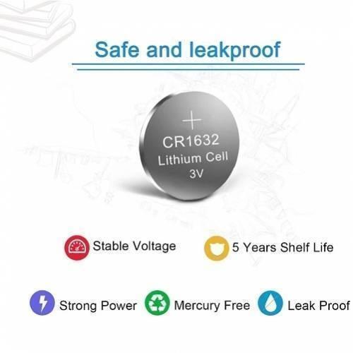 3V Lithium Button Coin Cell Battery CR1632 - shown as a silver disc with text indicating its model, voltage, and various icons representing product features.