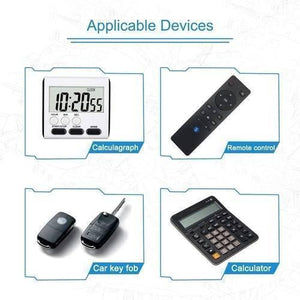 3V Lithium Button Coin Cell Battery CR1632 - shown in an infographic displaying a digital timer, remote control, car key fob, and a calculator.
