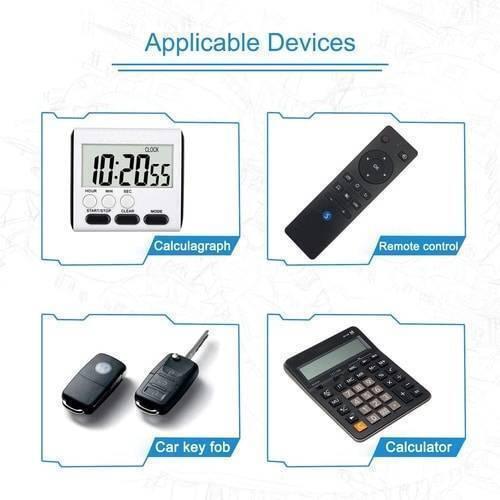 3V Lithium Button Coin Cell Battery CR1632 - shown in an infographic displaying a digital timer, remote control, car key fob, and a calculator.