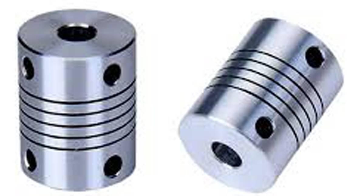 3x3mm Flexible Coupling Shaft - shown as two silver-colored cylindrical metal connectors with spiral cutouts and set screw holes on both ends.