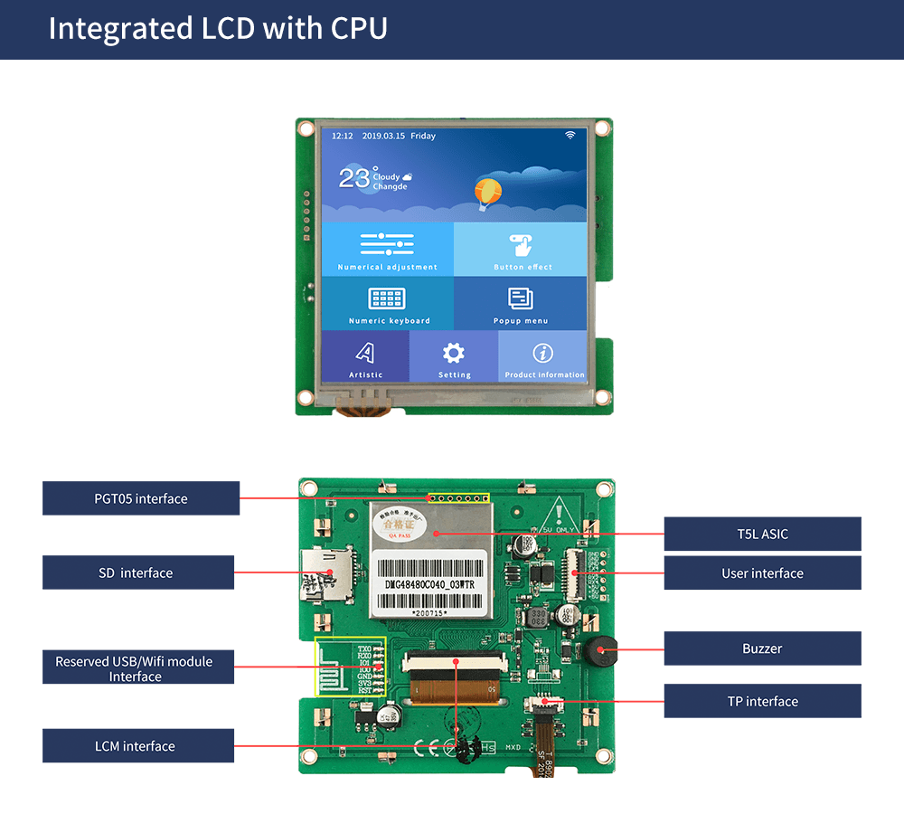 4.0 Inch HMI LCD Display DMG48480C040_03W Commercial Grade - the front screen with a graphical interface and the green circuit board back with ports and labels.