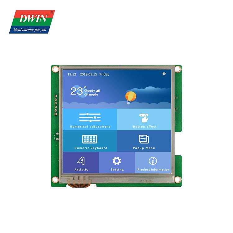 4.0 Inch HMI LCD Display DMG48480C040_03W Commercial Grade - a square screen on a green circuit board displaying a digital clock, weather, and menu icons.