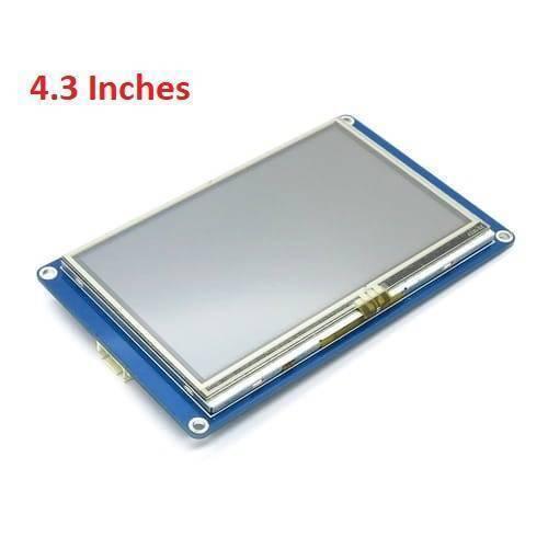 4.3 Inch Nextion TFT HMI LCD Touchscreen NX4827T043 - a rectangular display module with a blank grey screen mounted on a blue circuit board.