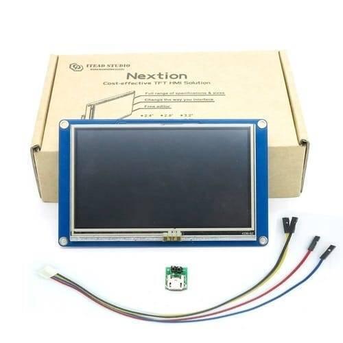 4.3 Inch Nextion TFT HMI LCD Touchscreen NX4827T043 - shown with its cardboard packaging, a small micro-USB breakout board, and a multi-colored jumper wire.