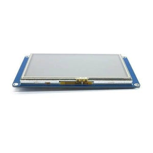4.3 Inch Nextion TFT HMI LCD Touchscreen NX4827T043 - shown from a low angle, featuring a rectangular grey display mounted on a blue circuit board.