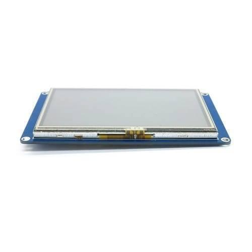 4.3 Inch Nextion TFT HMI LCD Touchscreen NX4827T043 - shown from a low angle, featuring a rectangular grey display mounted on a blue circuit board.