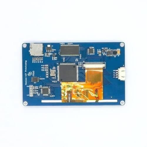 4.3 Inch Nextion TFT HMI LCD Touchscreen NX4827T043 - the blue circuit board, a memory card slot, a ribbon cable, and a white connector.