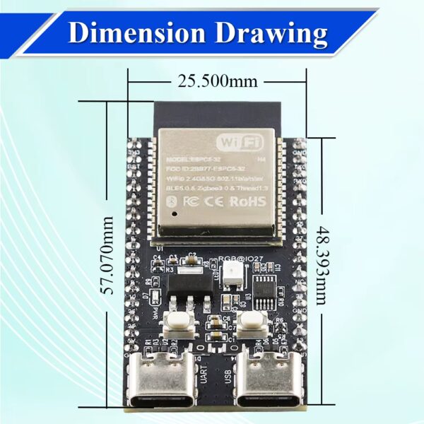 ESP32-C5 Development Board dimension drawing - 25.5mm width by 57.07mm length