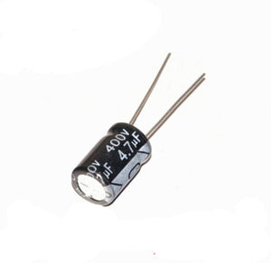 4.7uF 400V Aluminum Electrolytic Polar Capacitor - a small black cylindrical electronic component with two metal leads extending from the top.