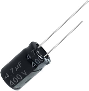 4.7uF 400V Aluminum Electrolytic Polar Capacitor - a black cylindrical electronic component with two metal leads and printed text showing its specs.