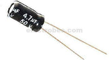 4.7uF 50V Electrolytic Capacitor - shown as a small, black, cylindrical electronic component with two thin metal wire leads extending from one end.