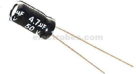 4.7uF 50V Electrolytic Capacitor - shown as a small, black, cylindrical electronic component with two thin metal wire leads extending from one end.