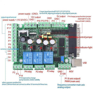 4 Axis 6 Axis CNC Breakout Board Stepper Motor Driver MACH3V2.1-L Adapter Controller - a green rectangular circuit board with labeled screw terminals, three blue relays, and a parallel port.