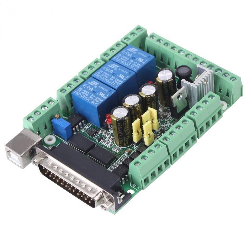 4 Axis 6 Axis CNC Breakout Board Stepper Motor Driver MACH3V2.1-L Adapter Controller - a green circuit board featuring three blue relays, a parallel port, a USB port, and screw terminals.