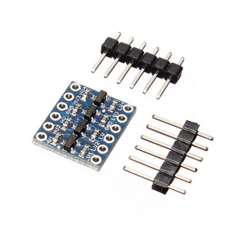 4 Channel Bi Directional Logic Level Converter - shown with a blue circuit board featuring pin headers and two sets of six-pin male header strips.
