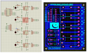 4 Channel Relay Module Relay Board Arduino Relay Module - shown as a blue schematic diagram on the left and a top-down PCB layout view on the right.