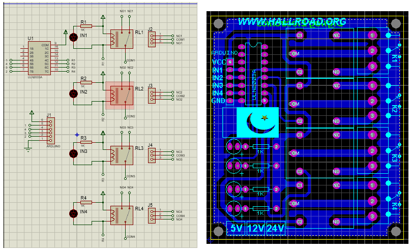 4 Channel Relay Module Relay Board Arduino Relay Module - shown as a blue schematic diagram on the left and a top-down PCB layout view on the right.