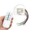 4 Channel Remote Control Switch 4 On Off 220V | Home Automation Kit from Digilog.pk - a white handheld remote with A, B, C, D, ON, OFF buttons and a white receiver box with colored wires.