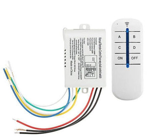 4 Channel Remote Control Switch 4 On Off 220V | Home Automation Kit from Digilog.pk - a white receiver box with multi-colored wires and a matching white remote control with A, B, C, D buttons.