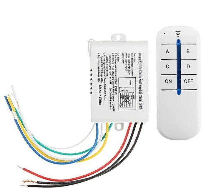 4 Channel Remote Control Switch 4 On Off 220V | Home Automation Kit from Digilog.pk - a white receiver box with multi-colored wires and a matching white remote control with A, B, C, D buttons.