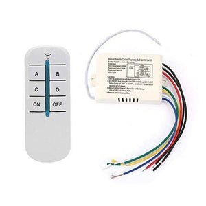 4 Channel Remote Control Switch 4 On Off 220V | Home Automation Kit from Digilog.pk - a white wireless remote with A, B, C, D, ON, OFF buttons and a receiver box with multi-coloured wires.