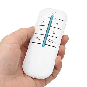 4 Channel Remote Control Switch 4 On Off 220V | Home Automation Kit from Digilog.pk - a white handheld remote with buttons labeled A, B, C, D, ON, and OFF, held in a person's hand.