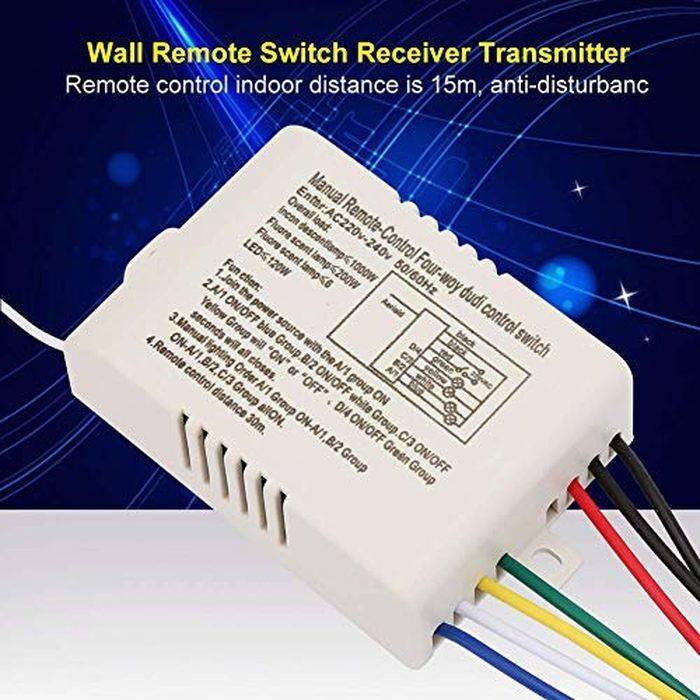 4 Channel Remote Control Switch 4 On Off 220V | Home Automation Kit from Digilog.pk - a white rectangular receiver unit with a wiring diagram printed on top and five multi-coloured wires extending out.