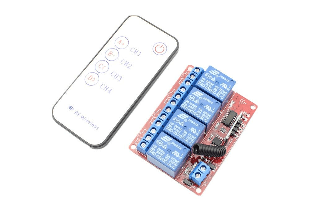 4 Channels RF Remote Control Module DC 12V - with a white four-button wireless remote and a red circuit board featuring four blue relays and an antenna.