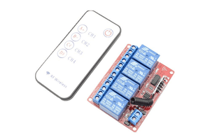 4 Channels RF Remote Control Module DC 12V - with a white four-button wireless remote and a red circuit board featuring four blue relays and an antenna.