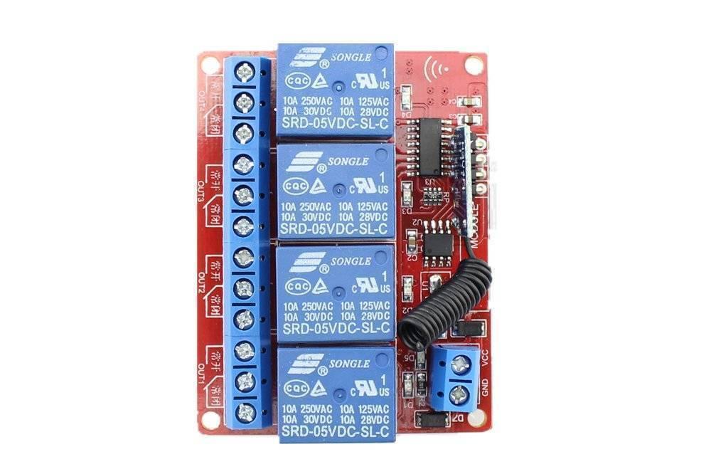 4 Channels RF Remote Control Module DC 12V - a red circuit board with four blue Songle relays, a black antenna, and screw terminal connectors.