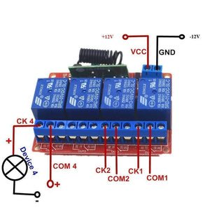 4 Channels RF Remote Control Module DC 12V - a red circuit board with four blue relays, a black antenna, screw terminals, and a wiring diagram overlay.